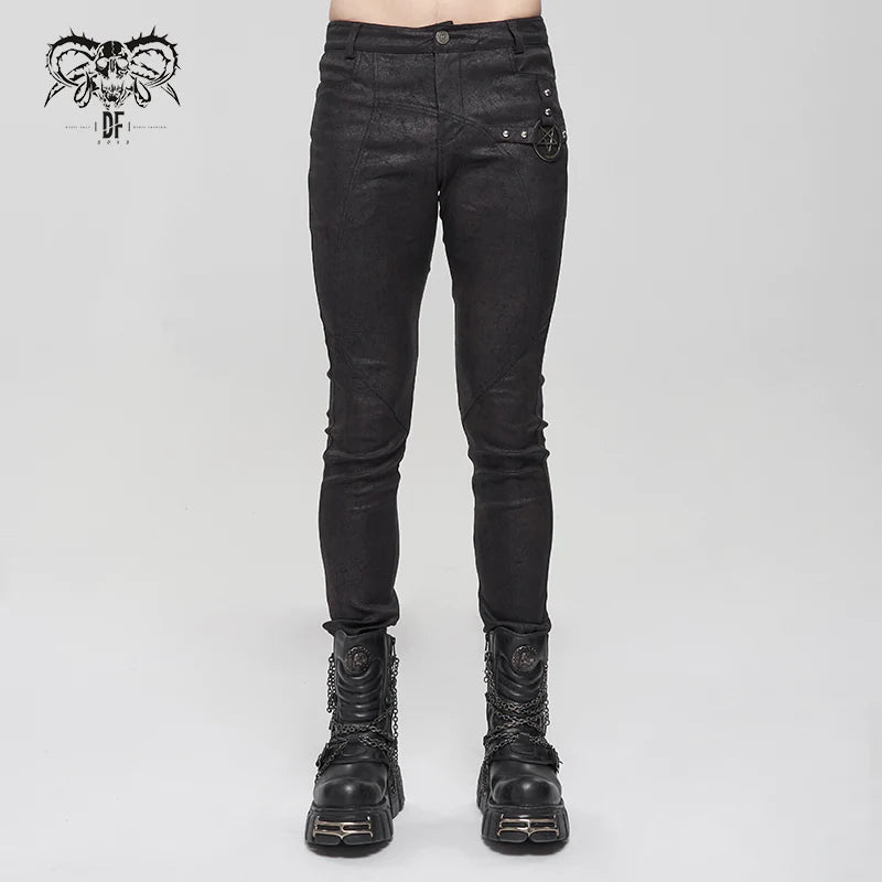 Goth Punk Men's Rubberized Cracked Textured Pentagram Fitted Trousers