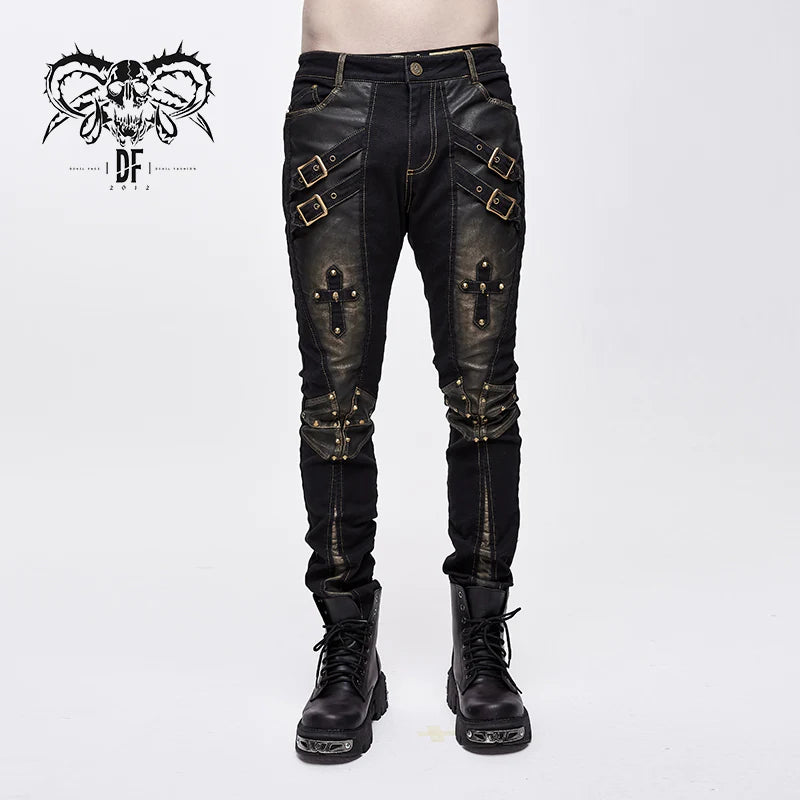 Steam Punk Cross Design Black and Distressed Bronze Shin-Split Studded Pants with Buckles