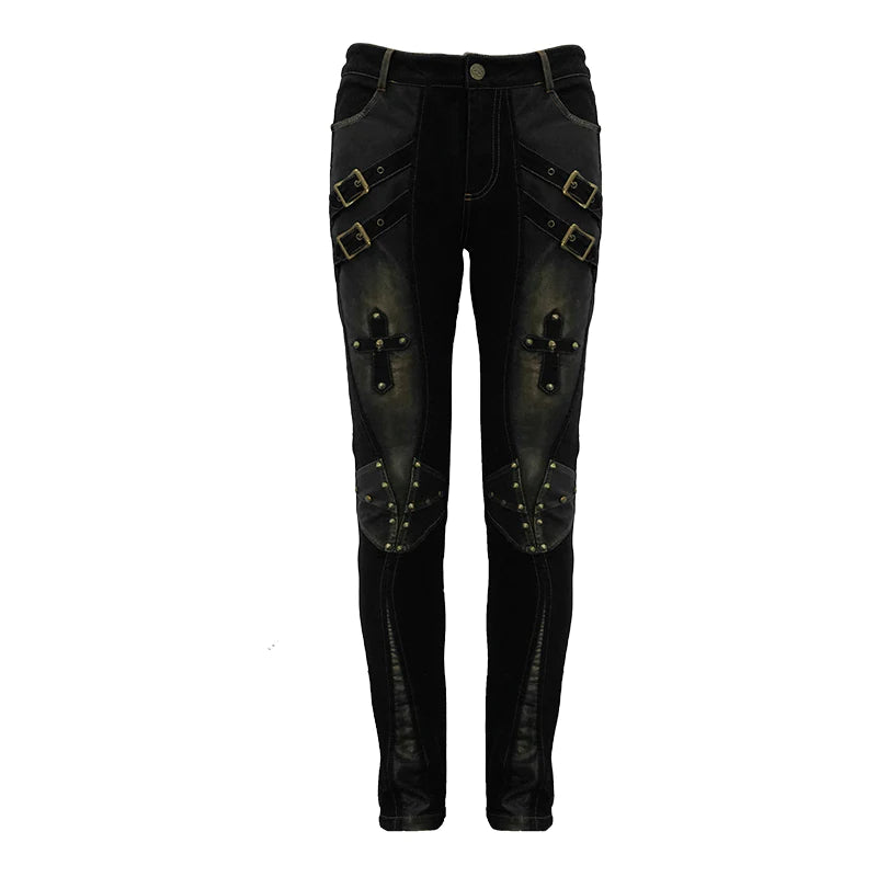 Steam Punk Cross Design Black and Distressed Bronze Shin-Split Studded Pants with Buckles