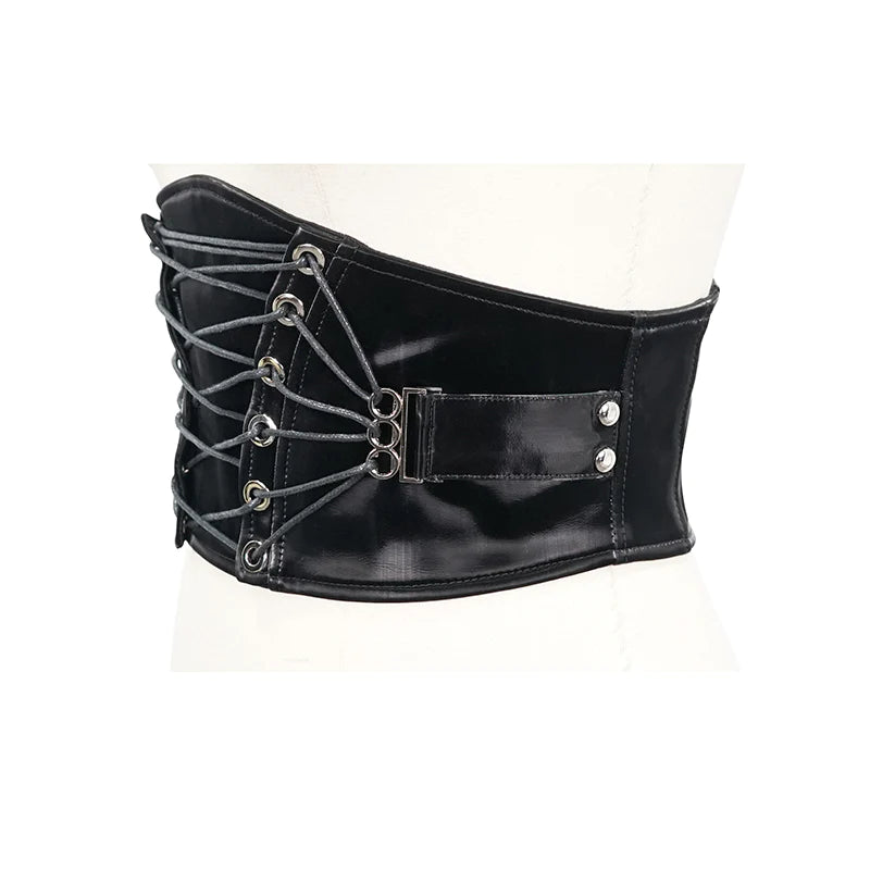 Black High-Gloss Vegan Leather Lace-Up Corset Belt