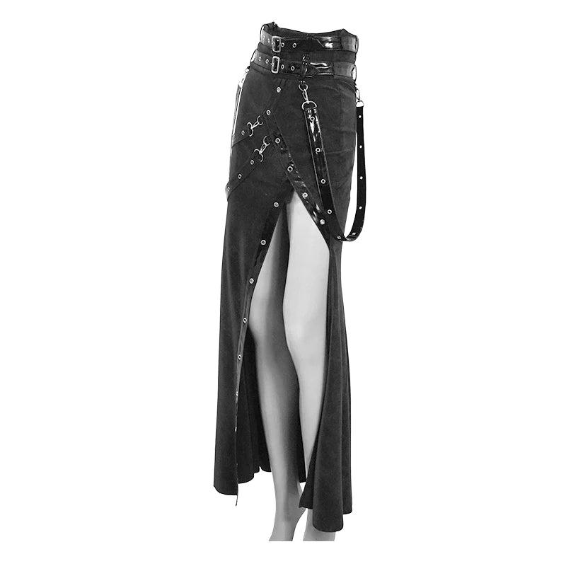 Gothic Punk High side slit design Japanese sexy girls black skirt with adjusted loops