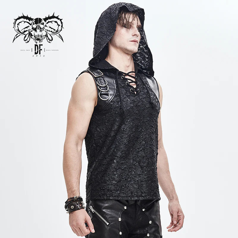 Goth Hooded Distressed Men's Top with Lace-Up Neckline