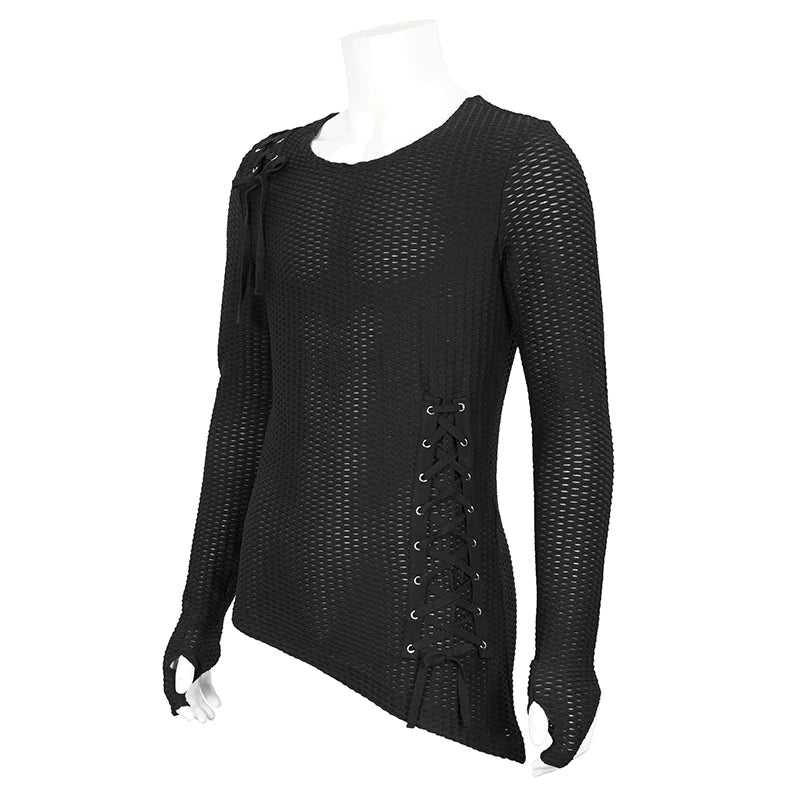 Goth Punk Coarse Mesh Asymmetrical Lace-Up Long Sleeve Shirt