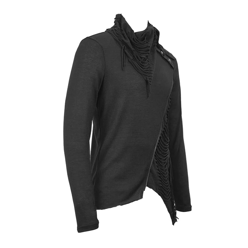 Gothic ragged turn down collar woolen punk long sleeve shirts with zipper
