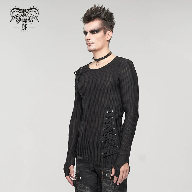 Goth Punk Coarse Mesh Asymmetrical Lace-Up Long Sleeve Shirt