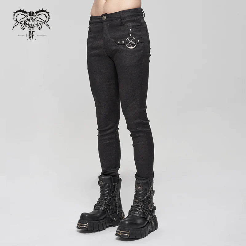 Goth Punk Men's Rubberized Cracked Textured Pentagram Fitted Trousers
