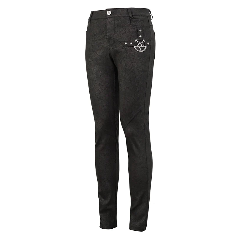 Goth Punk Men's Rubberized Cracked Textured Pentagram Fitted Trousers