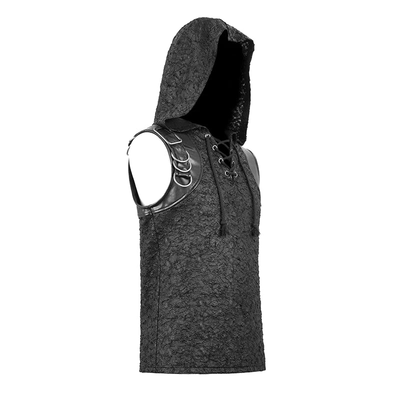 Goth Hooded Distressed Men's Top with Lace-Up Neckline