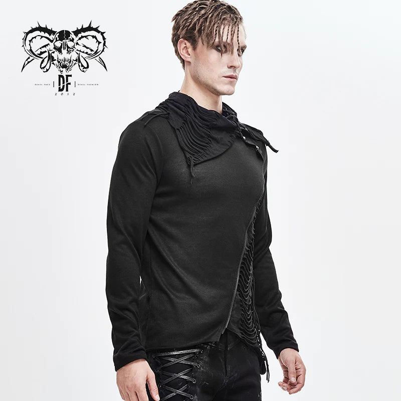 Gothic ragged turn down collar woolen punk long sleeve shirts with zipper