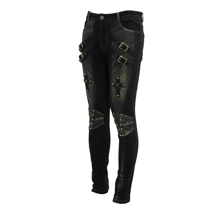 Steam Punk Cross Design Black and Distressed Bronze Shin-Split Studded Pants with Buckles