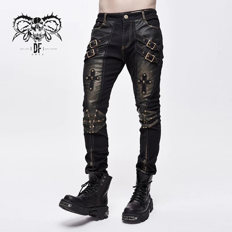 Steam Punk Cross Design Black and Distressed Bronze Shin-Split Studded Pants with Buckles