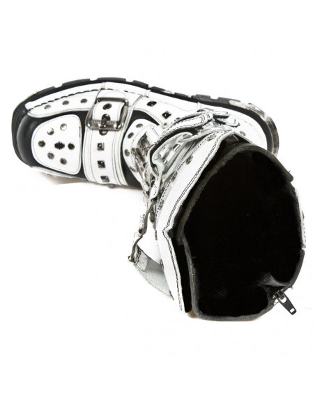 Inverted White Leather Boot M-800-C2 Punk Style High Contrast Studded Leather Boot with Buckles