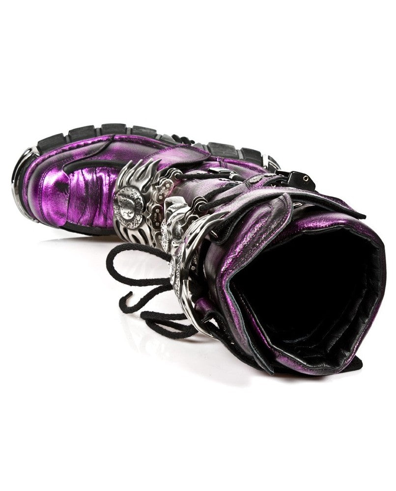 Immortal Boot M-1064-C1 Distressed Metallic Purple Leather with Large Metal Skull and Spiked Accents