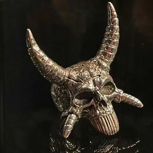 Horned Skull Ring  -Solid Sterling Silver, Handmade, comfort fit