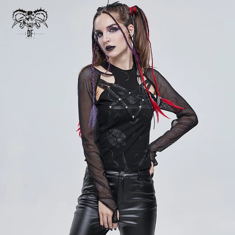 mesh armed shirt connected by a faux leather Pentagram faux leather