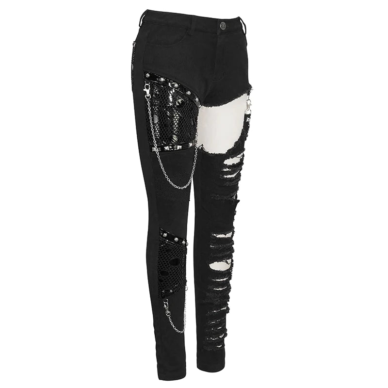 Punk Goth Asymmetrical Spliced Broken Hole Studded Women Pants with Chains