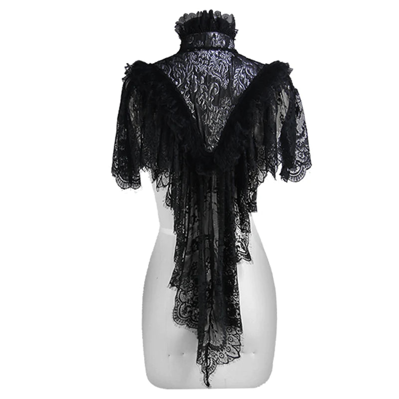Gothic Collared Black and Silver Intricate Lace Triangular Shawl