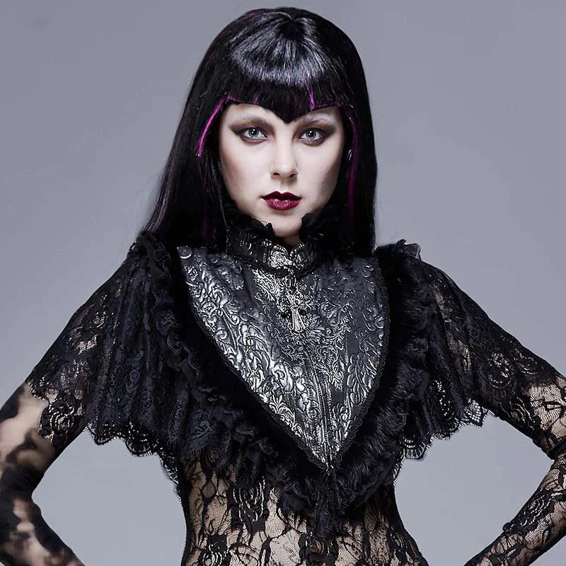 Gothic Collared Black and Silver Intricate Lace Triangular Shawl