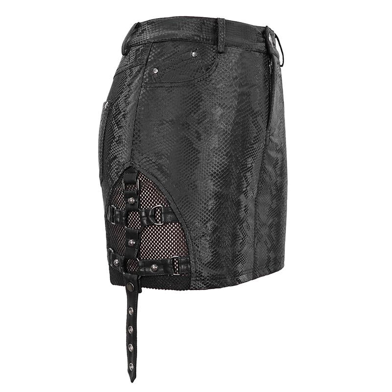 Punk Snakeskin Print Asymmetric Skirt with mesh and strap side details