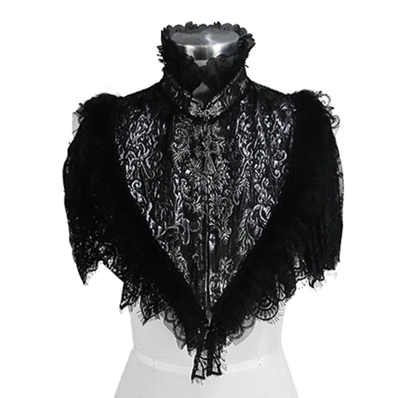 Gothic Collared Black and Silver Intricate Lace Triangular Shawl