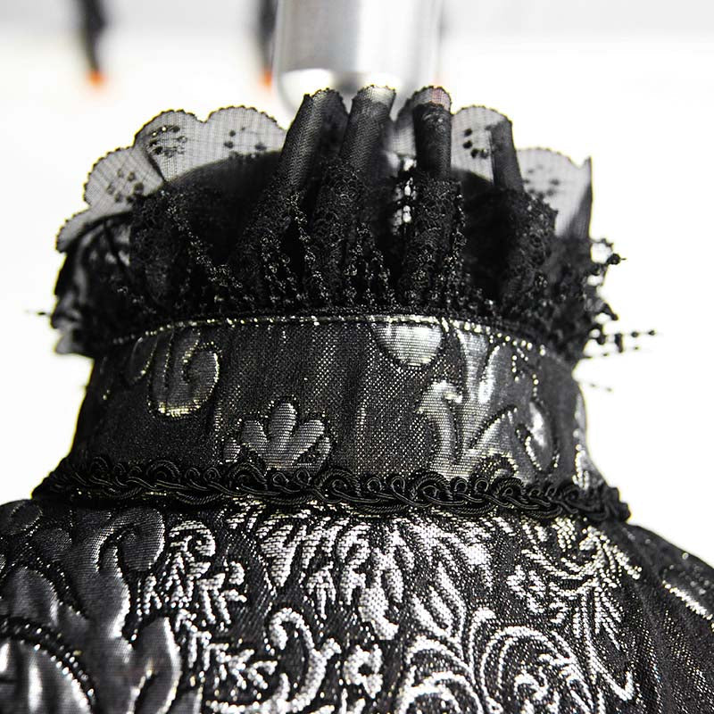 Gothic Collared Black and Silver Intricate Lace Triangular Shawl
