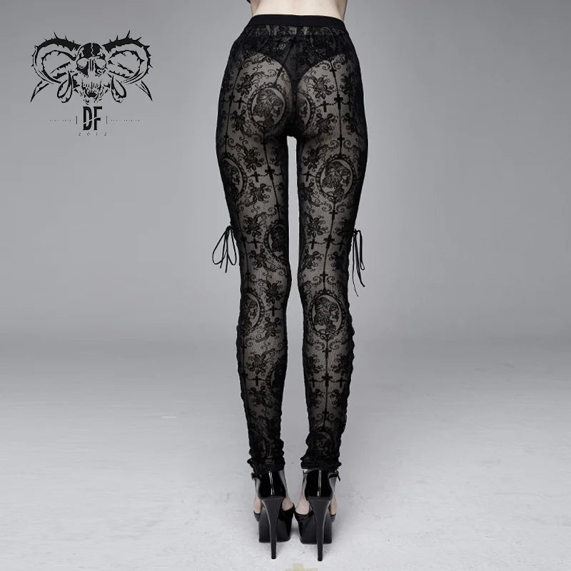 Sheer Mesh Leggings with Intricate Gothic Velveteen Design and Lace-Up Side Slits