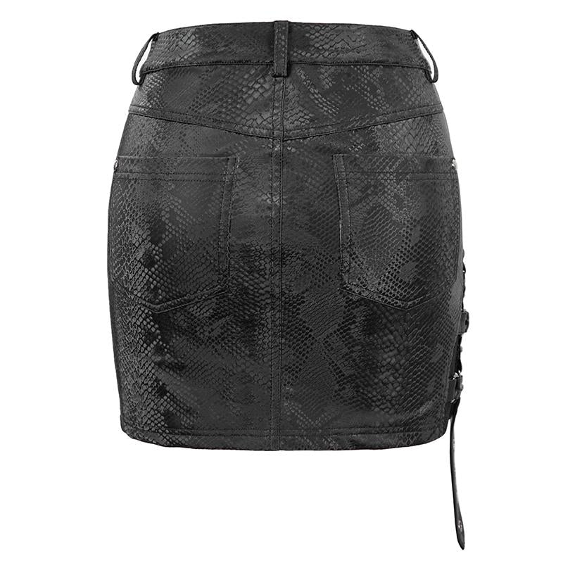 Punk Snakeskin Print Asymmetric Skirt with mesh and strap side details