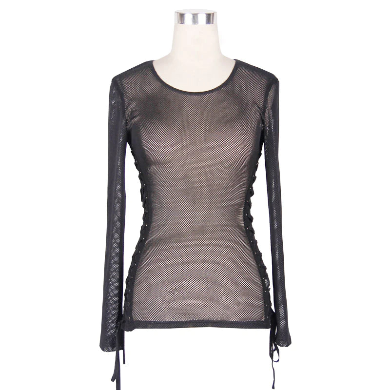 Gothic Punk Fetish See Through Mesh O Neck with Lace up Sides Long Sleeve Unisex Mens and Womens cotton T-shirts