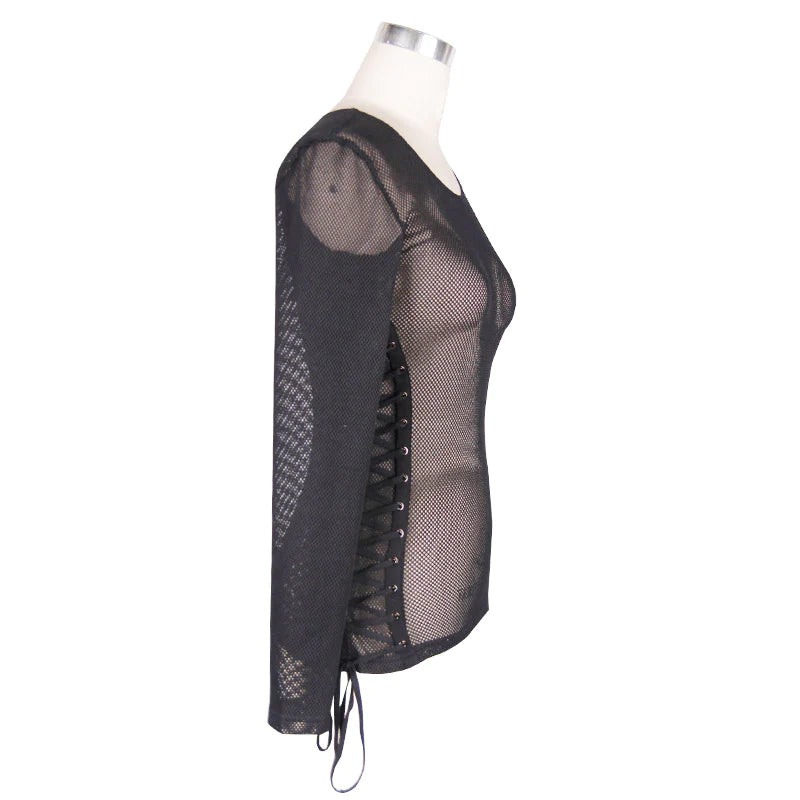 Gothic Punk Fetish See Through Mesh O Neck with Lace up Sides Long Sleeve Unisex Mens and Womens cotton T-shirts