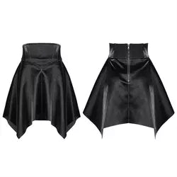 Gothic Punk High Waist Seal Square Hem Black Faux Leather Women's Short Skirt