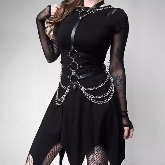 Gothic Women Leather Harness Fetish Wear Bdsm Punk with chains and rings
