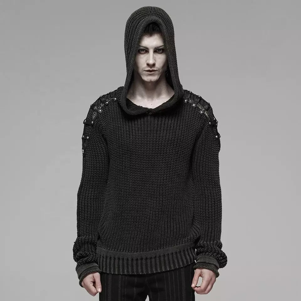 Heavy Gothic Punk Vintage Hooded Sweater with studded shoulders Apocalypse