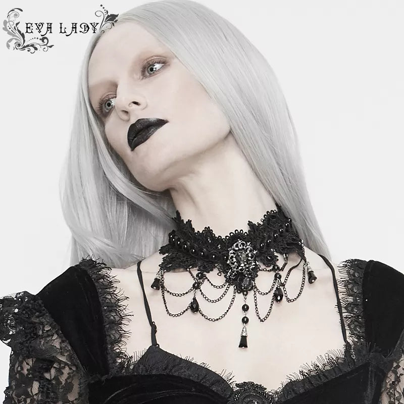 Victorian Gothic Black Scalloped Lace and Chain Choker