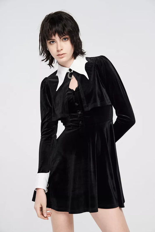 Gothic little black dress with a white bat collar and attached cape