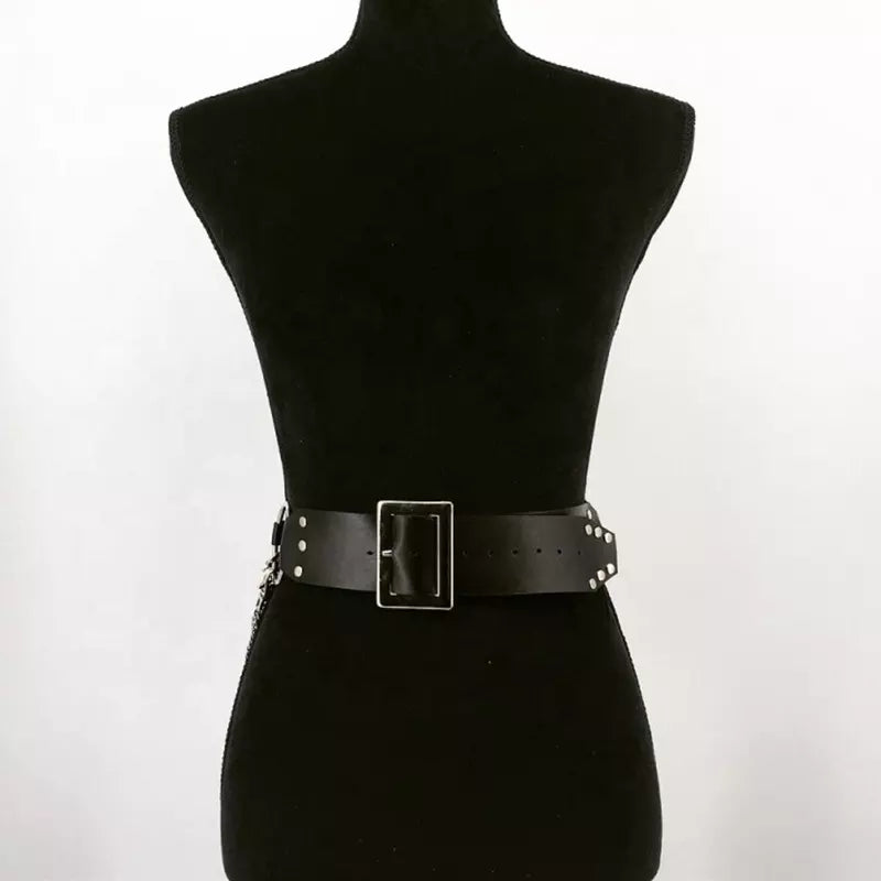 Gothic Black PU Leather Belt with adjustable straps and chains gothic belt in style of punk bdsm