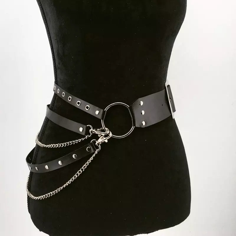 Gothic Black PU Leather Belt with adjustable straps and chains gothic belt in style of punk bdsm