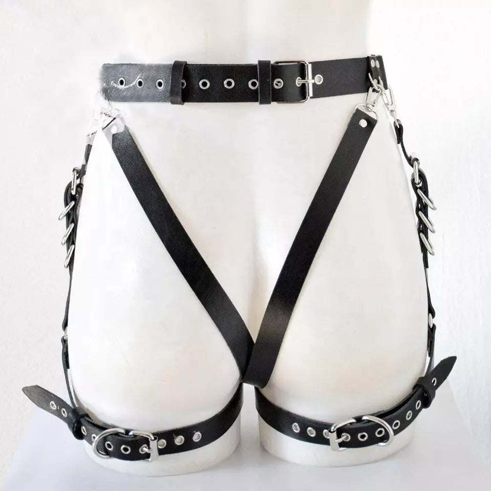 Black waist harness with garters and rings