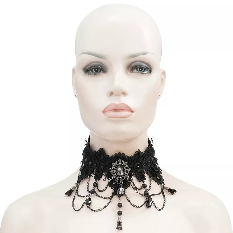 Victorian Gothic Black Scalloped Lace and Chain Choker