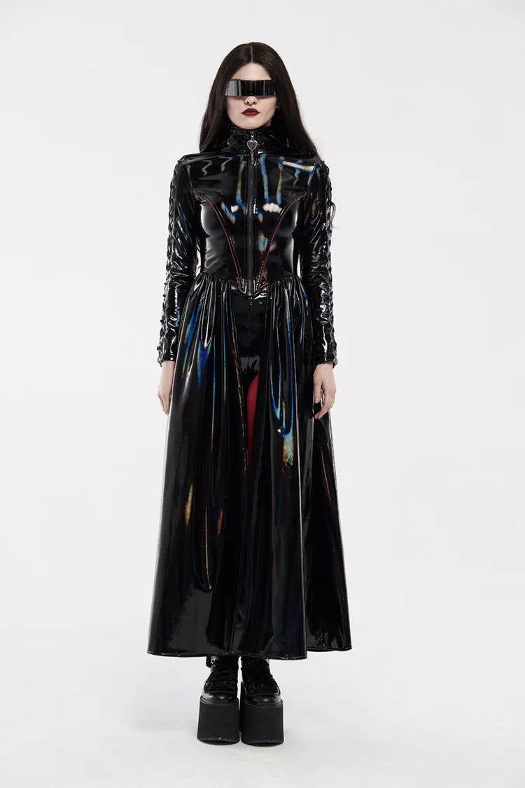 Gothic Punk Cyber shiny black rococo laser trench coat long sleeve dress lace up form fitting