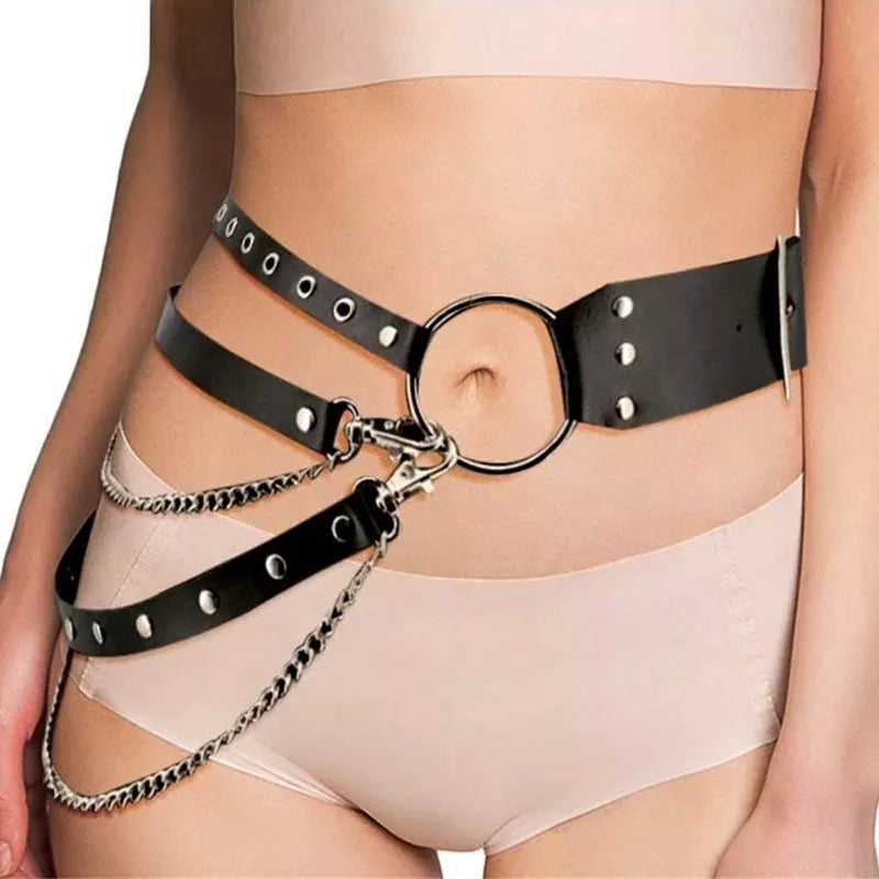 Gothic Black PU Leather Belt with adjustable straps and chains gothic belt in style of punk bdsm