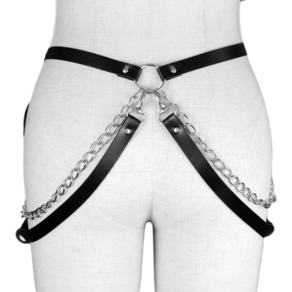 Black Gothic PU Leather Body Harness with Chains and straps punk bdsm style belt