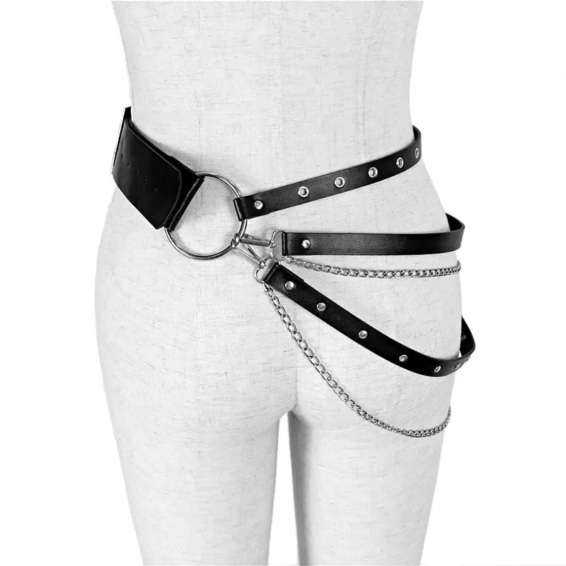 Gothic Black PU Leather Belt with adjustable straps and chains gothic belt in style of punk bdsm