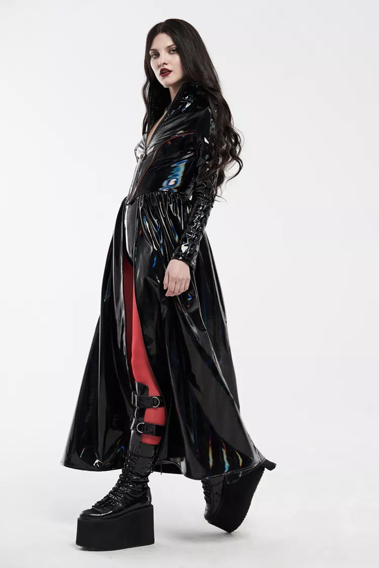 Gothic Punk Cyber shiny black rococo laser trench coat long sleeve dress lace up form fitting