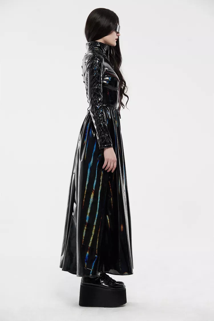 Gothic Punk Cyber shiny black rococo laser trench coat long sleeve dress lace up form fitting