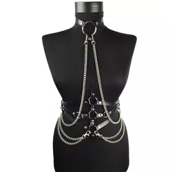 Gothic Women Leather Harness Fetish Wear Bdsm Punk with chains and rings