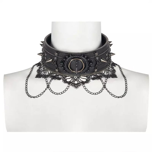 Gothic Punk Victorian heavy duty leather studded spiked collar with chains lace and rivets metal lolita