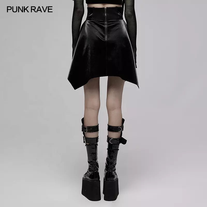 Gothic Punk High Waist Seal Square Hem Black Faux Leather Women's Short Skirt