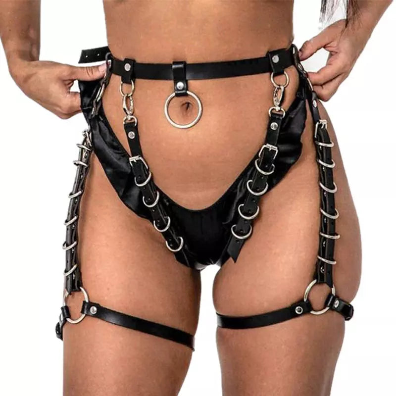 Black waist harness with garters and rings