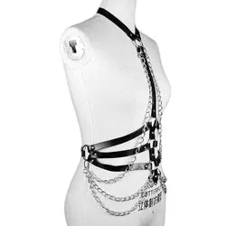 Gothic Women Leather Harness Fetish Wear Bdsm Punk with chains and rings