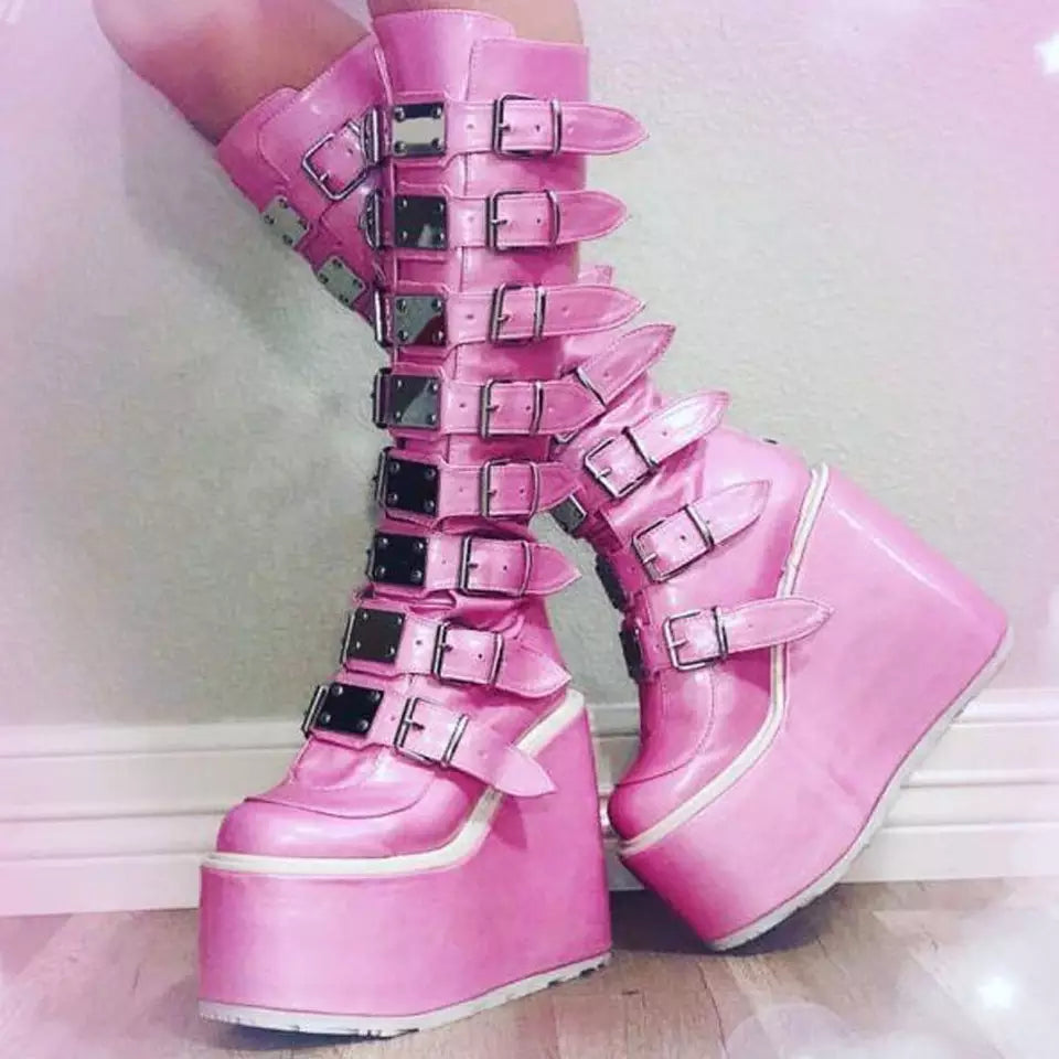 Pretty Pink Platform Tall and Buckled Gothic boots